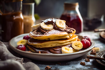 Close up of delicious homemade pancakes with chocolate hazelnut and banana. Generative AI - obrazy, fototapety, plakaty