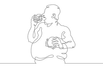 One continuous line. Fat man eats. Fat man having lunch. Obesity. Harmful lifestyle. A fat man holds food in his hands. Fast food.One continuous line drawn isolated, white background.