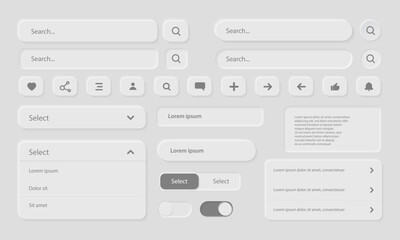 User interface elements for mobile applications. Neumorphic icon mobile app or website design set. Vector icon and button in neumorphism style. UI, UX design kit.
