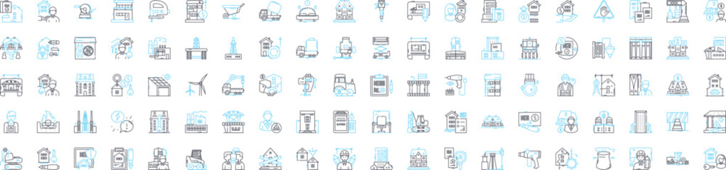 City construction vector line icons set. Urbanization, architecture, infrastructure, building, redevelopment, planning, growth illustration outline concept symbols and signs