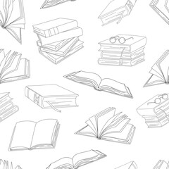 Vector line seamless pattern. Books with bookmark, open book.