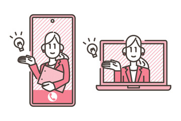 Smiling female businessperson popping out of a smartphone and laptop screen [Vector illustration].