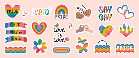 Happy Pride LGBTQ element set. LGBTQ community symbols with floral rainbow, butterfly, quote. Elements illustrated for pride month, bisexual, transgender, gender equality, sticker, rights concept.