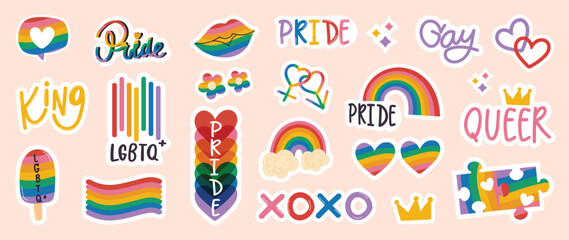 Happy Pride LGBTQ element set. LGBTQ community symbols with floral rainbow, jigsaw, quote. Elements illustrated for pride month, bisexual, transgender, gender equality, sticker, rights concept.
