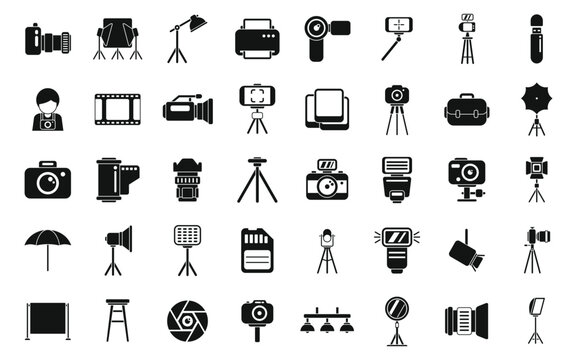 Photo studio icons set simple vector. Camera card. Video equipment
