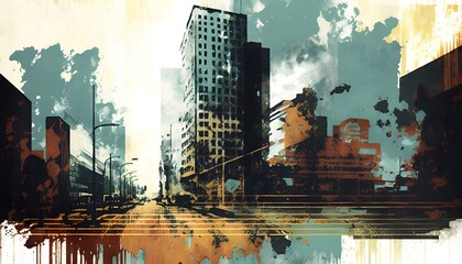 urban cityscape with abstract grunge, illustration painting, Generative AI