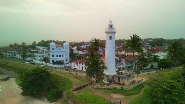 Sri Lanka drone. Aerial view Galle lighthouse. Old fortress, Ceylon famous summer tourism destination landmark.