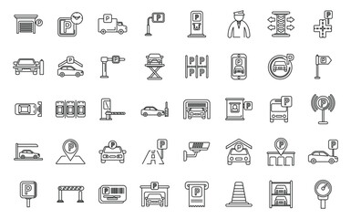 Parking place icons set outline vector. Park garage. Valet truck