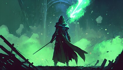 sci-fi character in black cloak with light spear standing against green explosion, digital art style, illustration painting, Generative AI