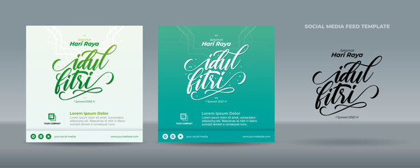 Handwriting Calligraphy Selamat Hari Raya Idul Fitri Translation of Happy Eid Mubarak in Indonesian. Greetings card on blue green background and mandala ornament - Template for social media feed post