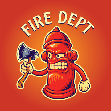 Scary angry hydrant fire dept axe logo cartoon vector illustrations for your work logo, merchandise t-shirt, stickers and label designs, poster, greeting cards advertising business company or brands