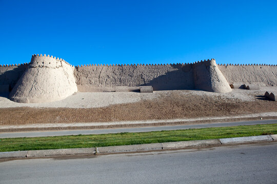 The ancient defensive wall of the inner city of Ichan-Kala. Khiva, Uzbekistan