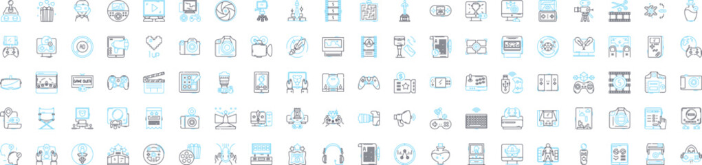 Audio video production studio vector line icons set. Recording, Mixing, Mastering, Editing, Dubbing, Broadcasting, Commercials illustration outline concept symbols and signs - obrazy, fototapety, plakaty