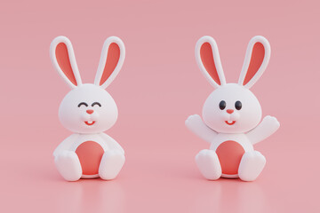 Cute cartoon bunny isolated on pink background. Happy Easter day. International Spring Celebration. 3d rendering.