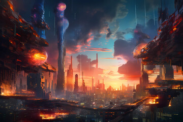 a beautiful sunset in a futuristic city. digital art illustration
