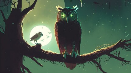 the giant owl and its owner standing on a branch in night forest with green sky, digital art style, digital illustration, Generative AI