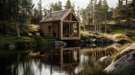 Fototapeta na wymiar Modern wooden cabin on a river in a forest. Generative AI illustration.