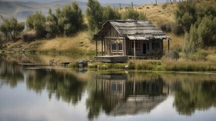 Obraz premium Old wooden house on a lake. Generative AI illustration.