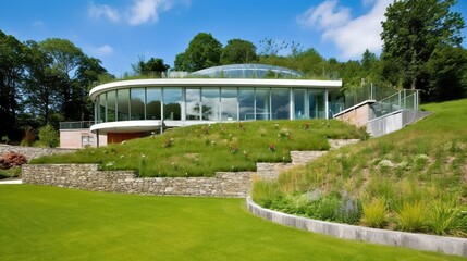 Fototapeta premium Modern house exterior with large glass windows and a garden. Generative AI illustration.