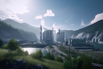 Panorama of a powerplant in the mountains. Generative AI illustration. - obrazy, fototapety, plakaty