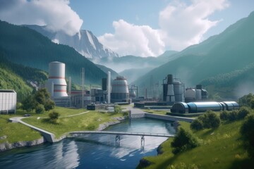 Illustration of a city built around a power plant in the mountains, and bordering a river. Generative AI.
