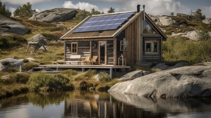 Wooden house with solar panels on the roof, bordering a lake in the tundra. Generative AI illustration.