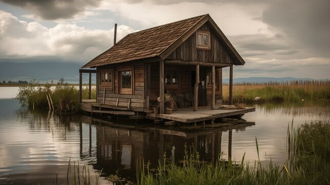 Old wooden house on a lake. Generative AI illustration.