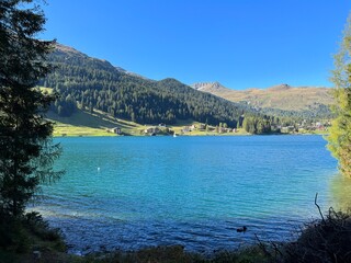 A famous Swiss mountain Lake Davos for sports and relaxation in the heart of the Alps (Davosersee oder Davoser See), Davos Dorf - Canton of Grisons, Switzerland (Kanton Graubünden, Schweiz)