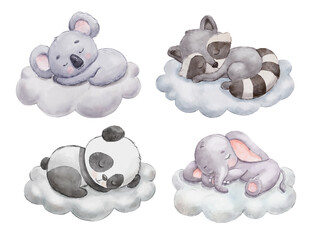 Cute dreaming elephant, koala, raccoon and panda on cloud. Cartoon hand drawn watercolor illustration set. Baby animal © Elena