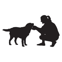 Young woman touching a dog vector silhouette.