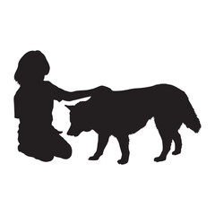 Boy sitting play with husky dog vector silhouette.