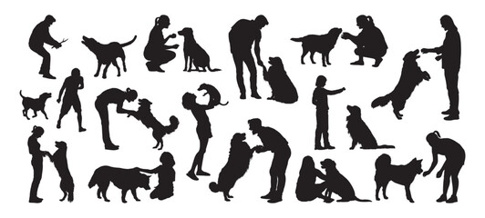 People playing with dog various activities collection set vector silhouette.