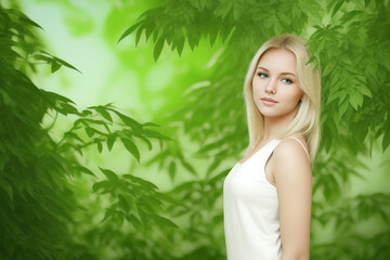Fototapeta premium Woman with blonde hair and white dress standing in front green background with leaves.Generative AI.