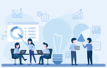 A group of business people are brainstorming ideas for a development plan, improving existing products, expanding new market. Business from ideas. Flat vector illustration.