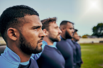 Rugby, sports and teamwork with men on field for training practice, fitness and challenge. Serious,...