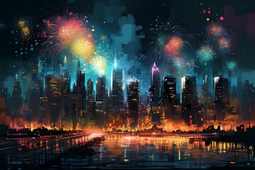 Fototapeta na wymiar A colorful firework in the night. digital art illustration
