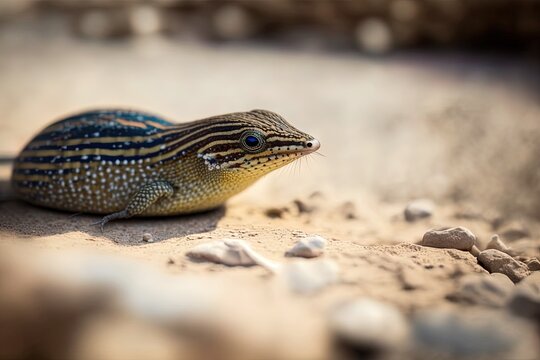Surface blurring closeup of a Maltese chalcides ocellatus on the ground Generative AI