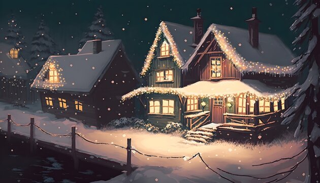 Christmas night scene of wooden houses with a christmas lights, illustration painting, Generative AI
