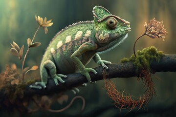 Obraz premium Amazing chameleon sitting on mossy twig on Madagascar and eating animal