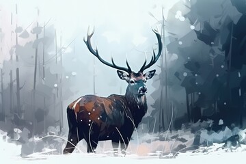 Noble deer male in winter snow forest. Artistic winter christmas landscape