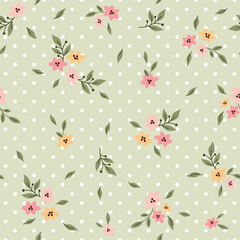Seamless Pattern with Flower and Leaves.Ditsy print. Floral pattern on retro green dots background. Design for fashion prints, textile, background, wallpaper, wrapping, fabric and more