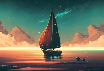 sailboat in the sea with the evening sunlight, digital art style, illustration painting, Generative AI