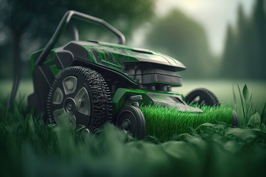 Close Up Shot Of Cutting Grass With Electric Lawn Mower