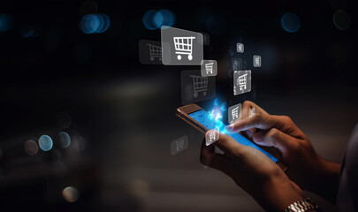 Businesswoman using phone and icon network connection data with growth graph customer, digital...