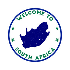 Welcome to South Africa stamp. Grunge country round stamp with texture in Gale of the Wind color theme. Vintage style geometric South Africa seal. Superb vector illustration.