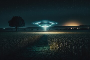Ufo Flying on Earth at Night over Field