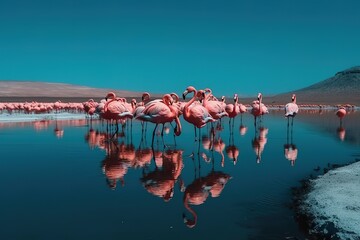 Wild african birds. Group birds of pink african flamingos walking around the blue lagoon on a sunny day