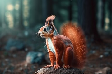 Funny red squirrell standing in the forest like Master of the Universe