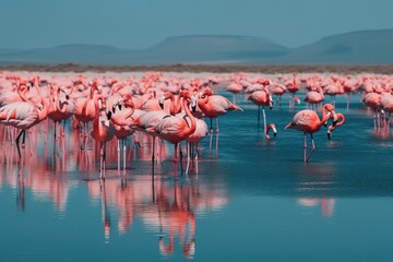 Wild african birds. Group birds of pink african flamingos walking around the blue lagoon on a sunny day - obrazy, fototapety, plakaty