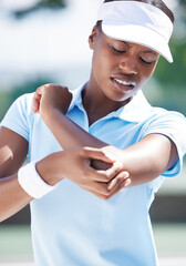 Tennis, woman and injury on elbow with pain, first aid emergency and medical health. Black female, sports athlete and arm accident on court of inflammation, body joint problem or risk of broken bones